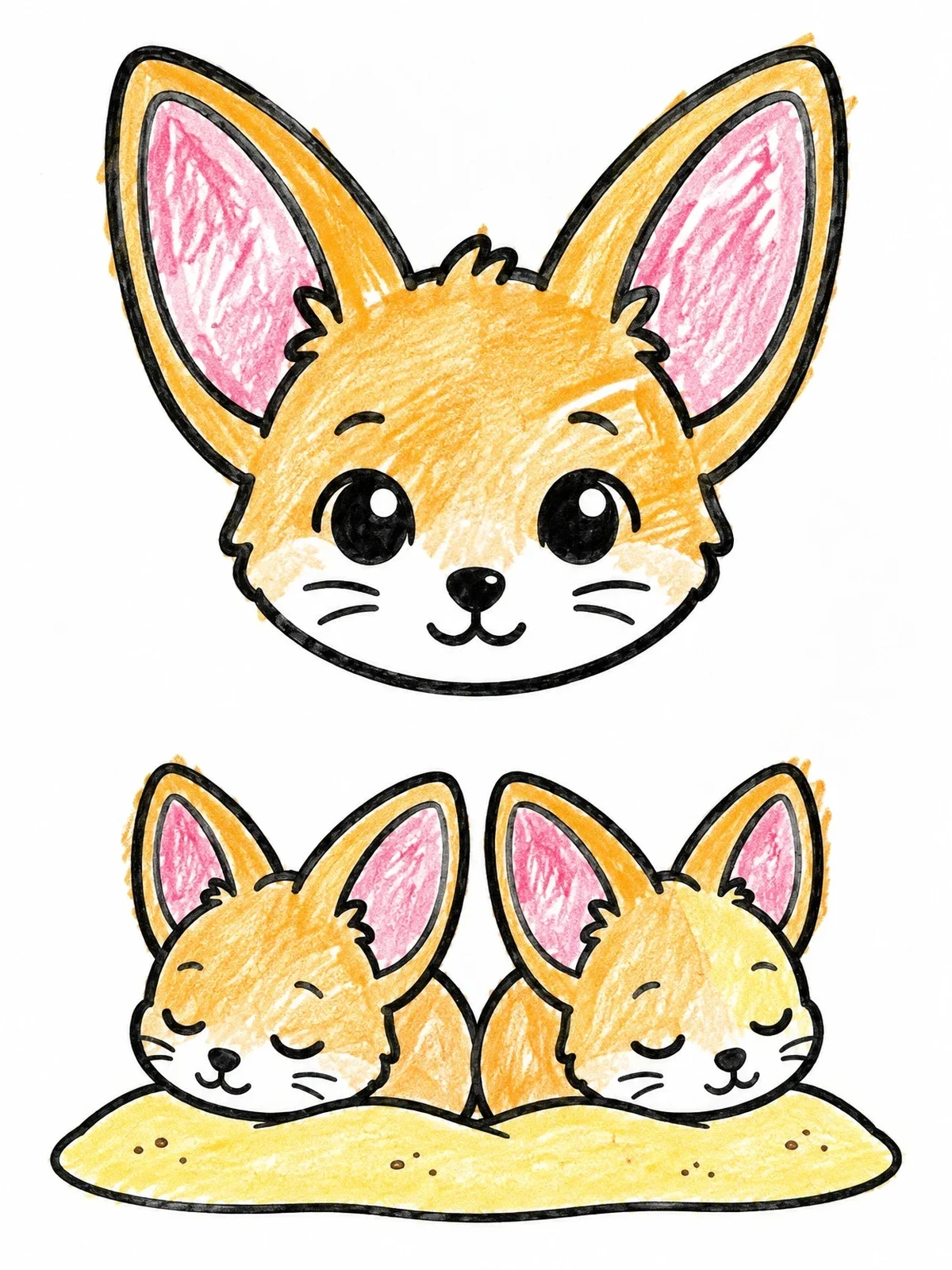 Colored example of the Cute Baby Fennec Foxes Napping coloring page