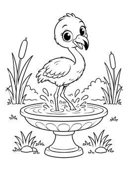 A cheerful baby bird coloring page showing a flamingo splashing in a garden birdbath.