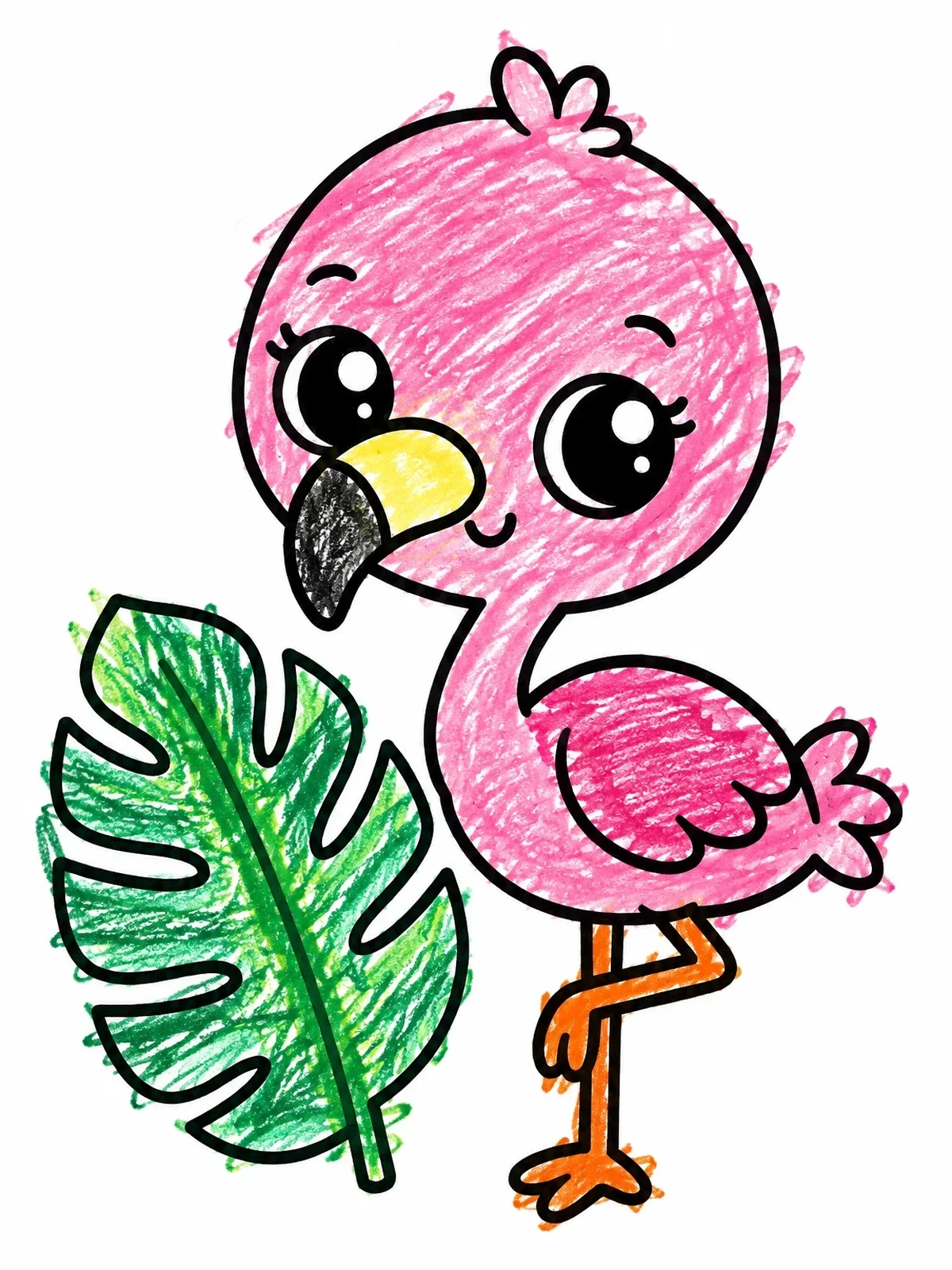 Colored example of the Cute Baby Flamingo With Monstera Leaf coloring page