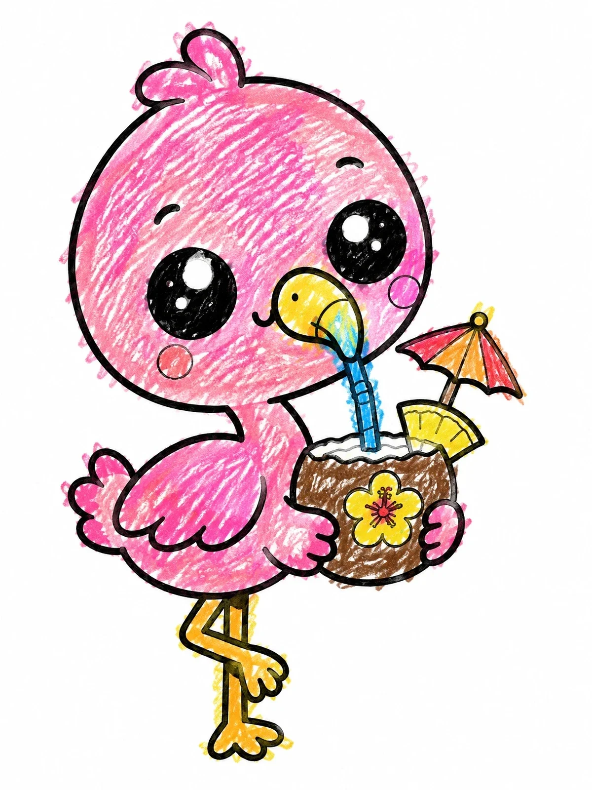 Colored example of the Cute Baby Flamingo Sipping Tropical Drink coloring page