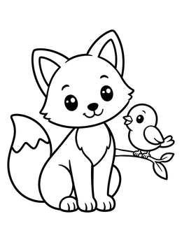 A cute baby fox coloring page featuring a smiling cub sitting beside a cheerful little bird on a branch.