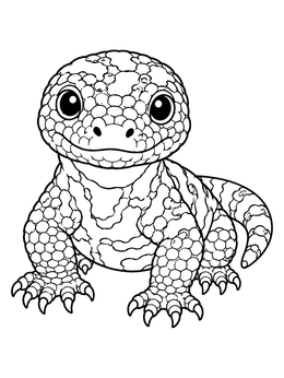 A cute baby gila monster coloring page with large round eyes and beaded scales.