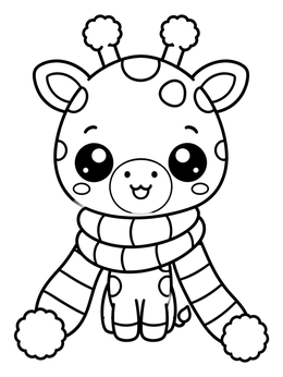 A cute baby giraffe coloring page wearing a warm striped winter scarf.