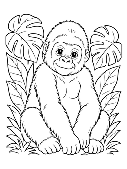 A cheerful baby gorilla sitting among large tropical leaves on this cute gorilla coloring page.