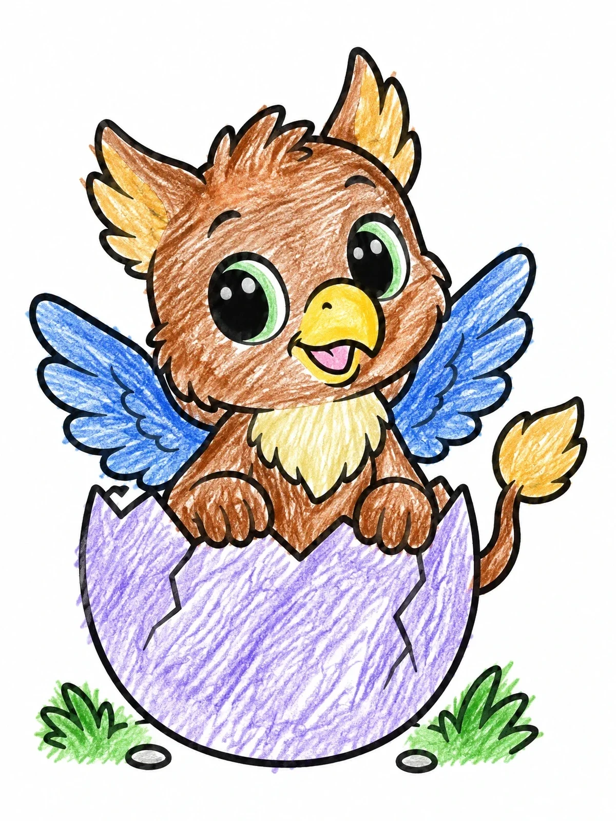 Colored example of the Cute Baby Griffin Hatching coloring page