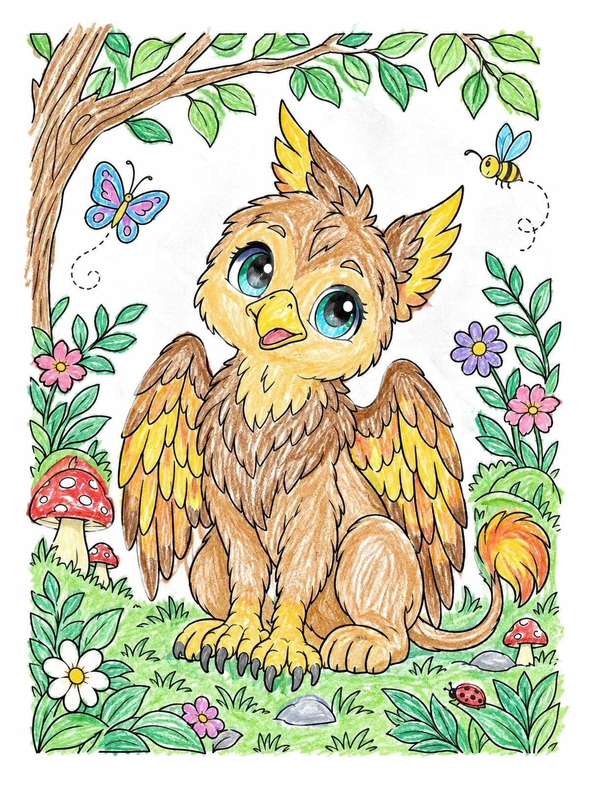 Colored example of the Cute Baby Griffin In Nature coloring page