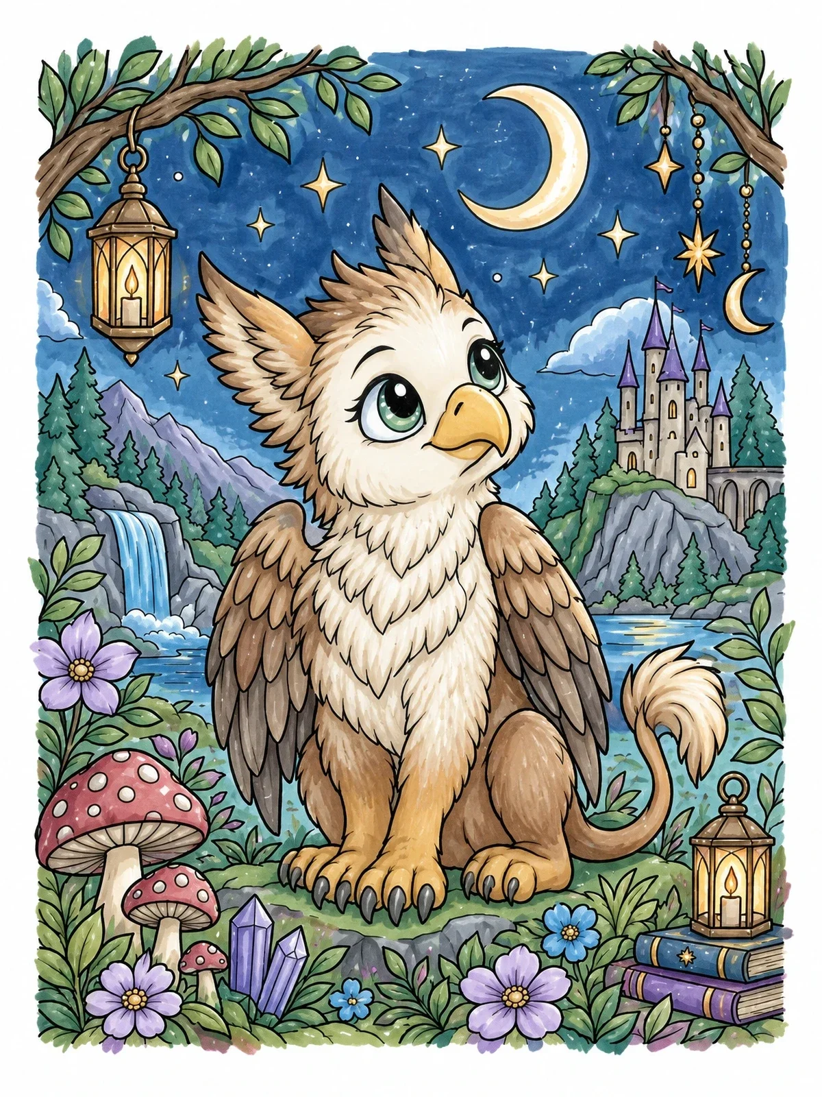 Colored example of the Cute Baby Griffin At Night coloring page
