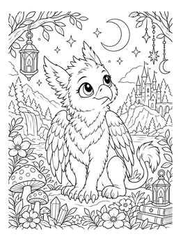 A cute baby griffin coloring page with night sky and castle background.