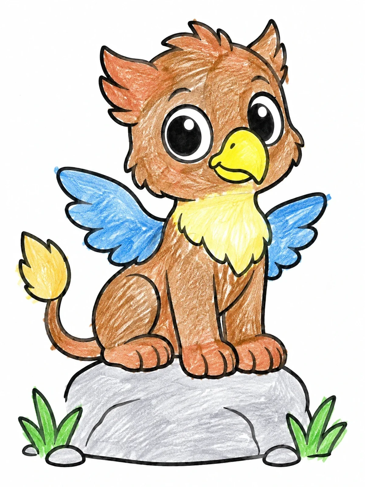 Colored example of the Cute Baby Griffin On A Rock coloring page