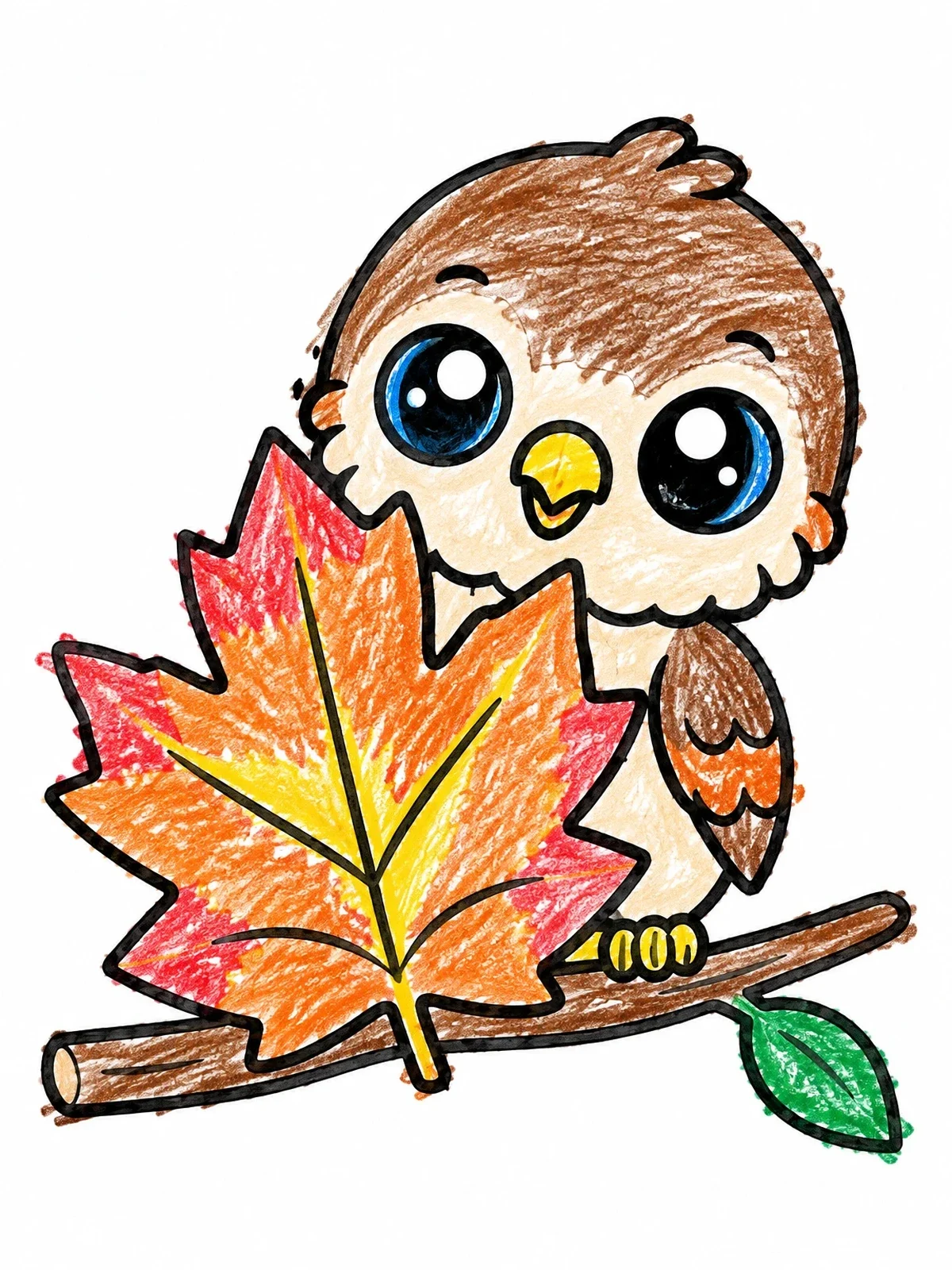 Colored example of the Cute Baby Hawk Hiding Behind Leaf coloring page