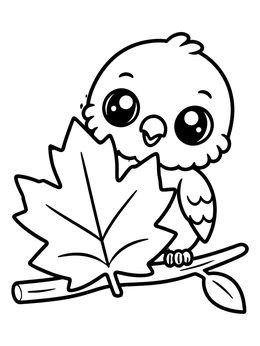 A hawk coloring page showing an adorable baby bird peeking from behind a large maple leaf.