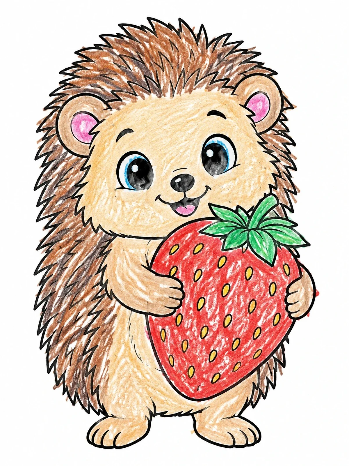 Colored example of the Cute Baby Hedgehog With Giant Strawberry coloring page