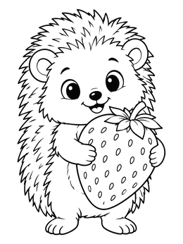 A hedgehog coloring page showing a cute little hedgehog happily holding a giant strawberry.