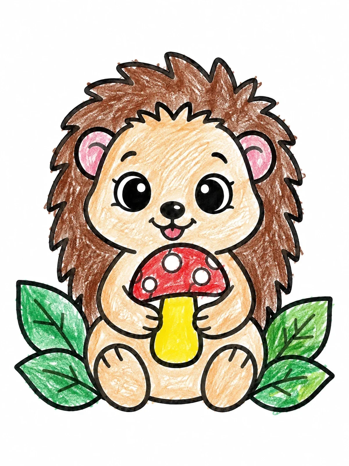 Colored example of the Cute Baby Hedgehog With Mushroom coloring page