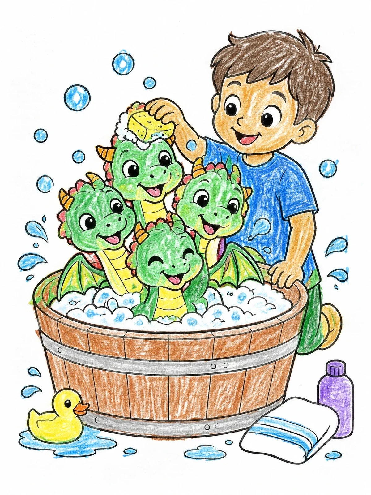 Colored example of the Boy Bathing Cute Baby Hydra coloring page
