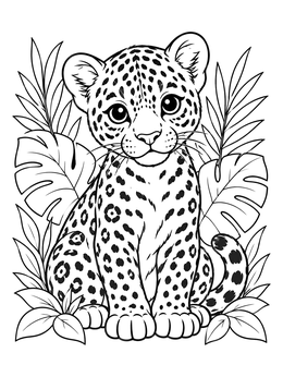 A baby jaguar cub sitting among jungle leaves on this jaguar coloring page.