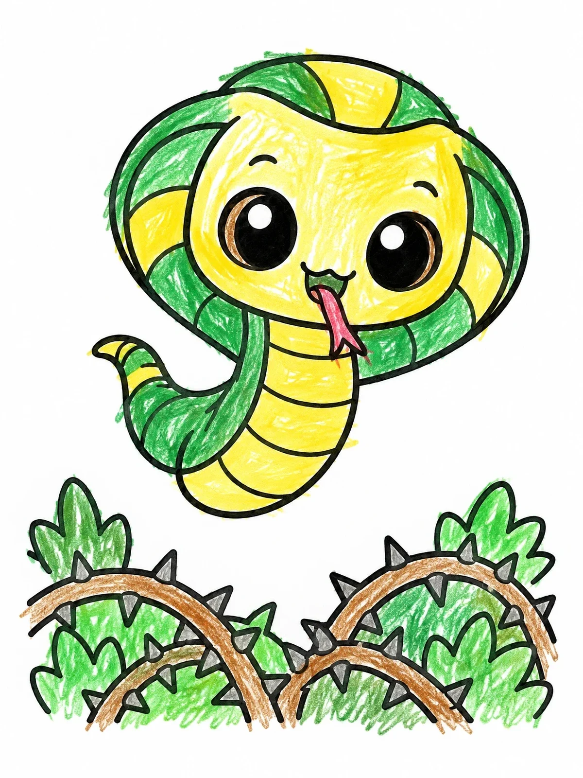Colored example of the Cute Baby King Cobra Above Thorny Bushes coloring page