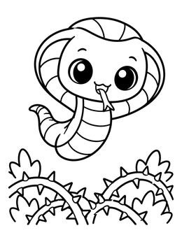 A cute king cobra coloring page showing a friendly little snake hovering over thorny bushes.