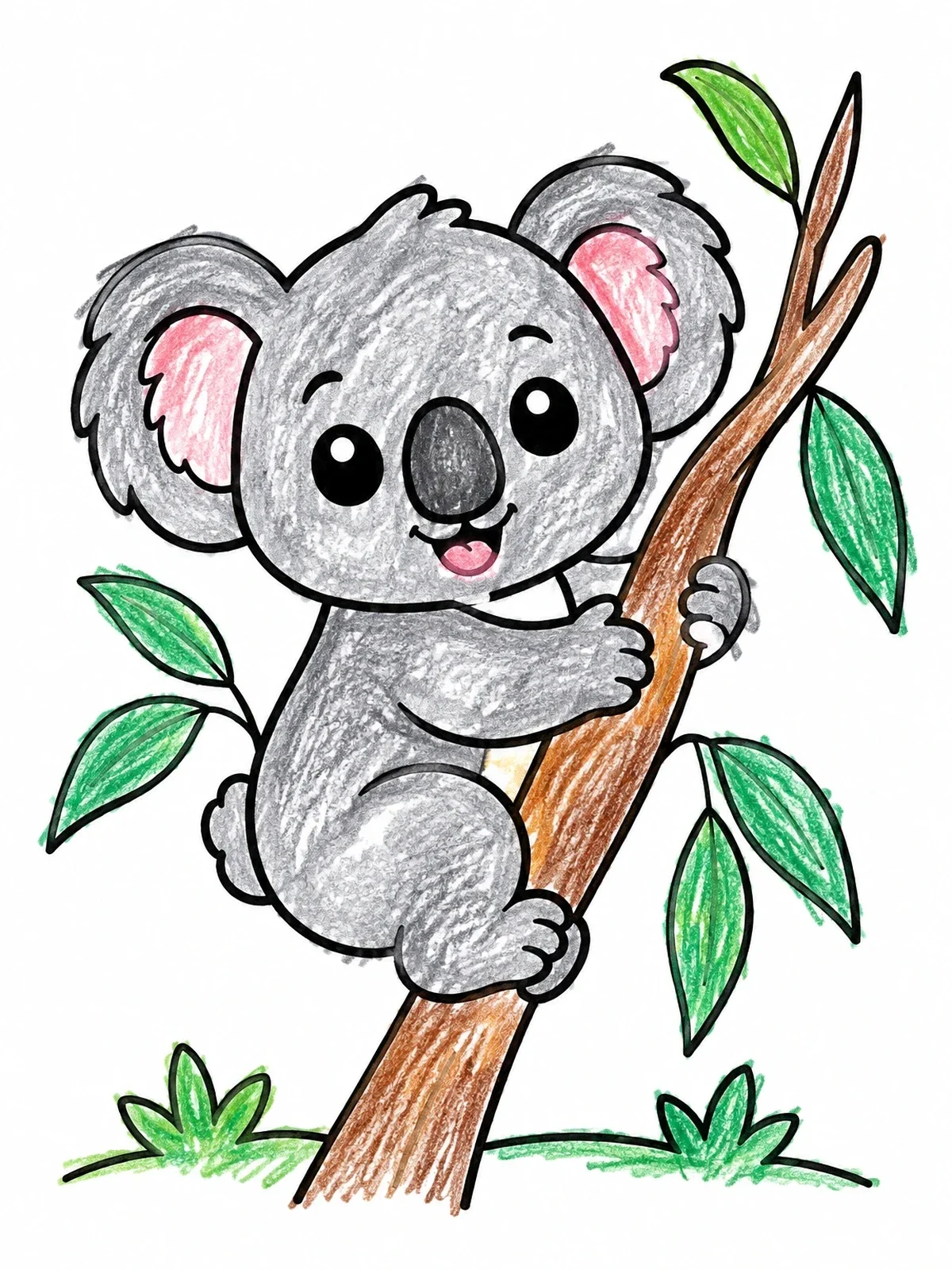 Colored example of the Cute Baby Koala Climbing A Tree coloring page