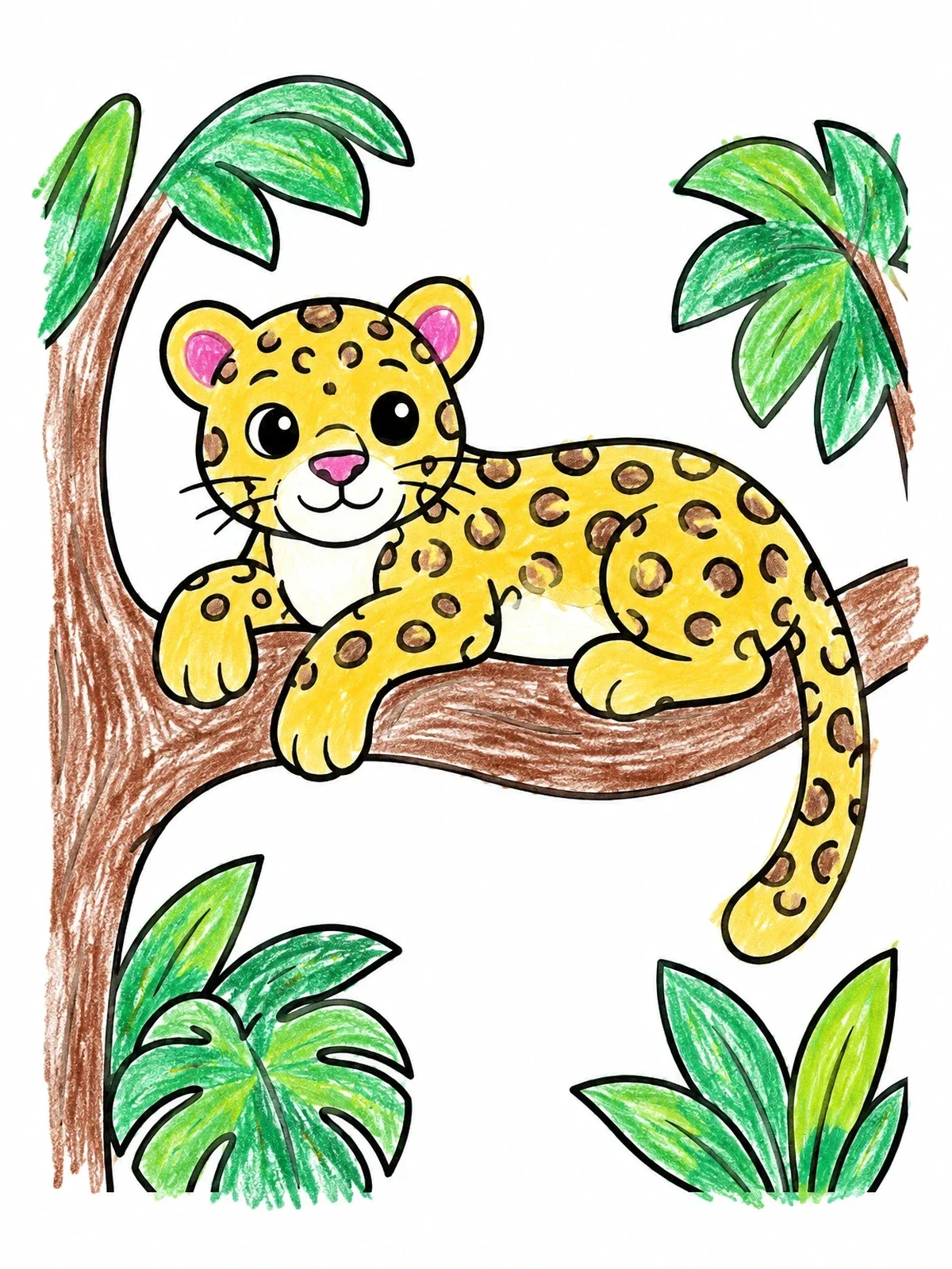 Colored example of the Cute Baby Leopard On A Tree Branch coloring page
