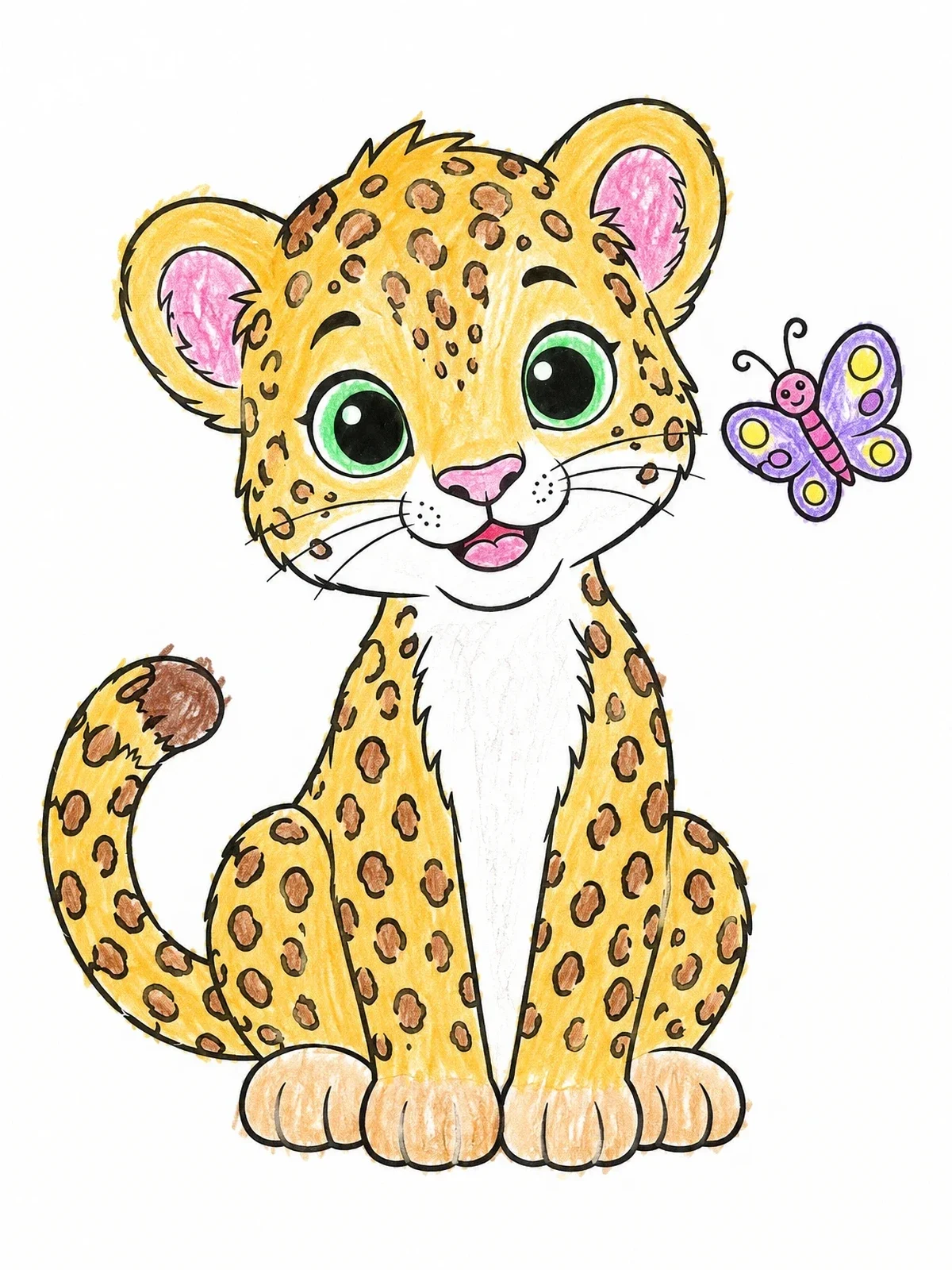Colored example of the Cute Baby Leopard With Butterfly coloring page