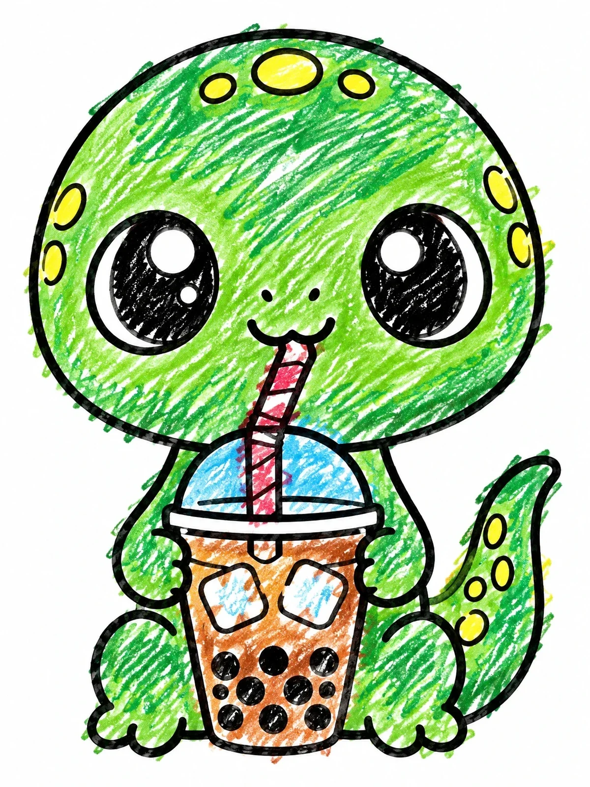 Colored example of the Cute Baby Lizard Drinking Boba coloring page