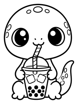 A cute lizard coloring page featuring a small reptile drinking iced boba tea through a straw.