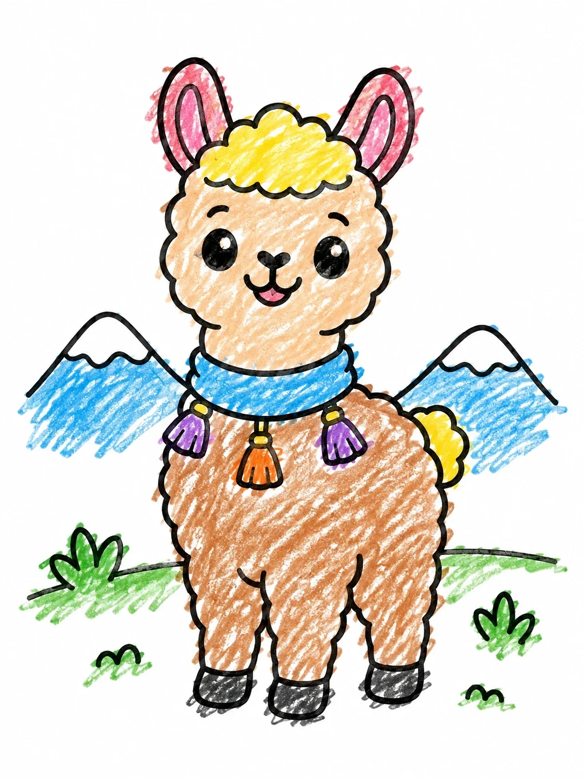 Colored example of the Cute Baby Llama In Mountains coloring page