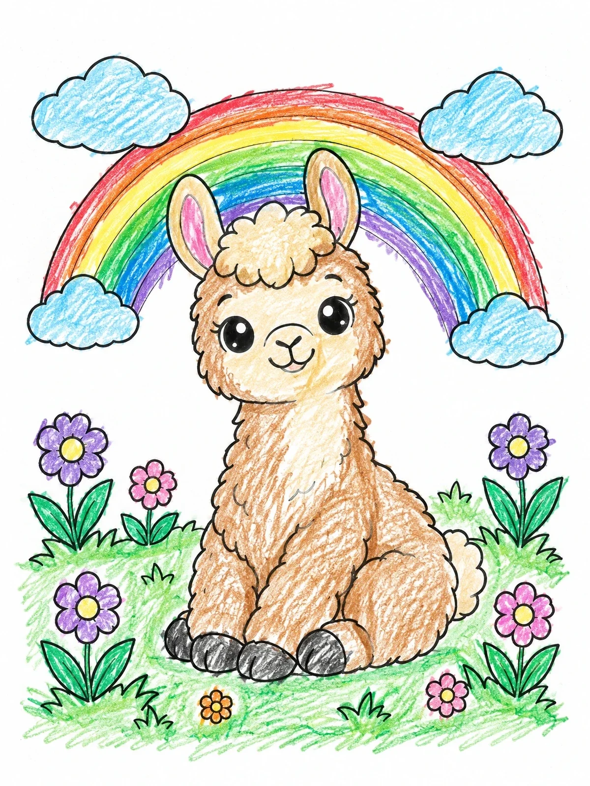 Colored example of the Cute Baby Llama And Rainbow coloring page