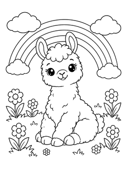 Free printable Cute Baby Llama And Rainbow coloring page