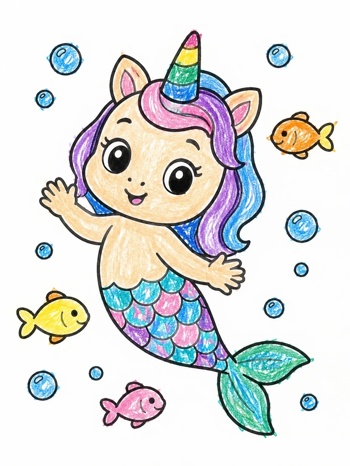 Colored example of the Cute Baby Mermicorn Under The Sea coloring page