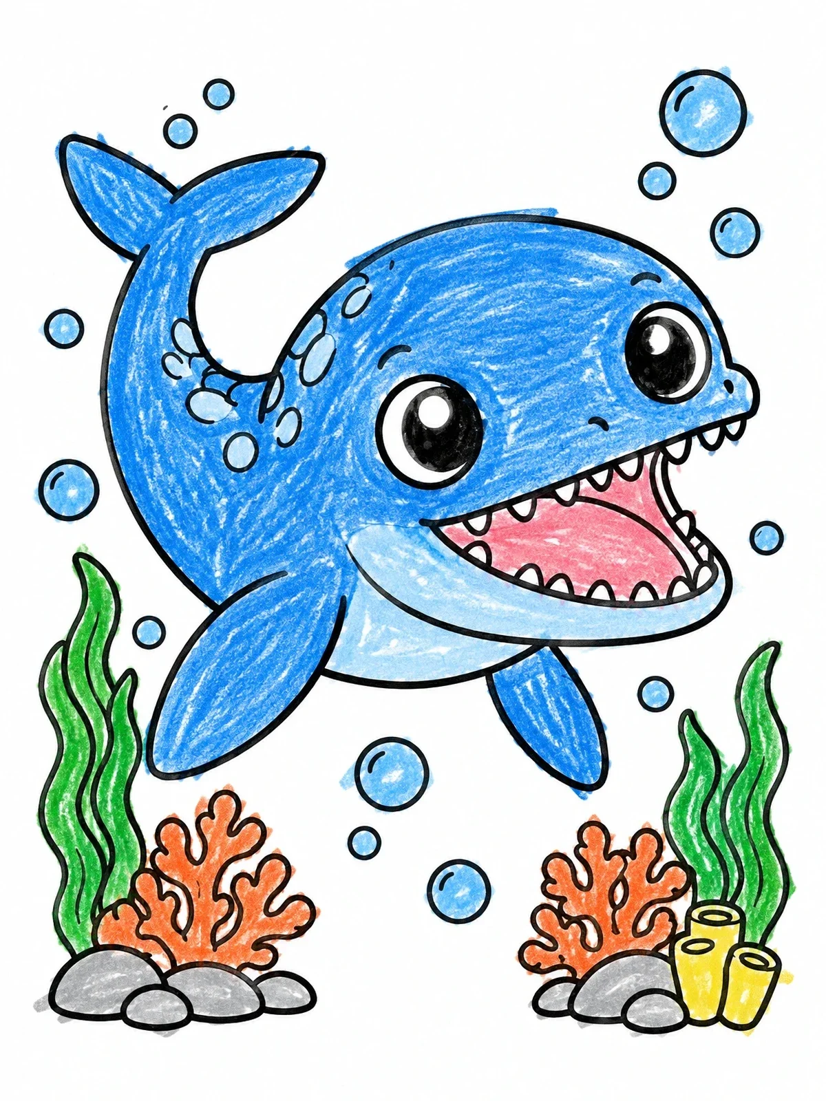 Colored example of the Cute Baby Mosasaurus Swimming Underwater coloring page