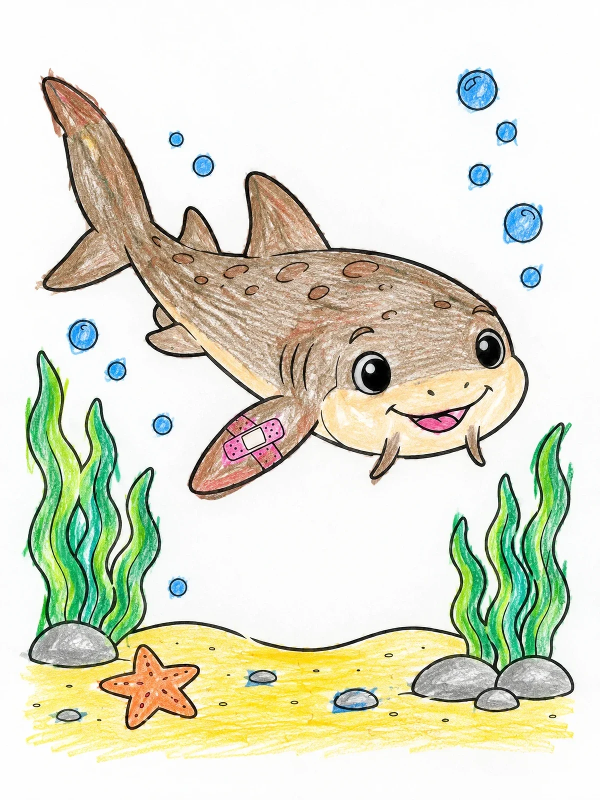 Colored example of the Cute Baby Nurse Shark With Bandage coloring page