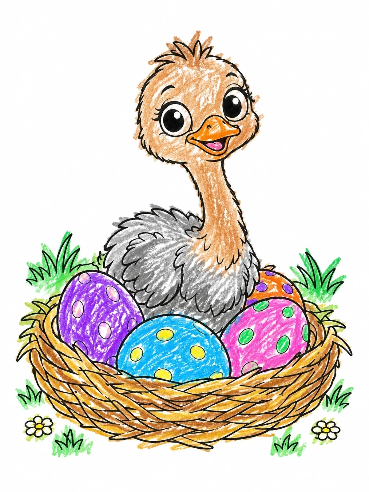 Colored example of the Cute Baby Ostrich In Nest coloring page
