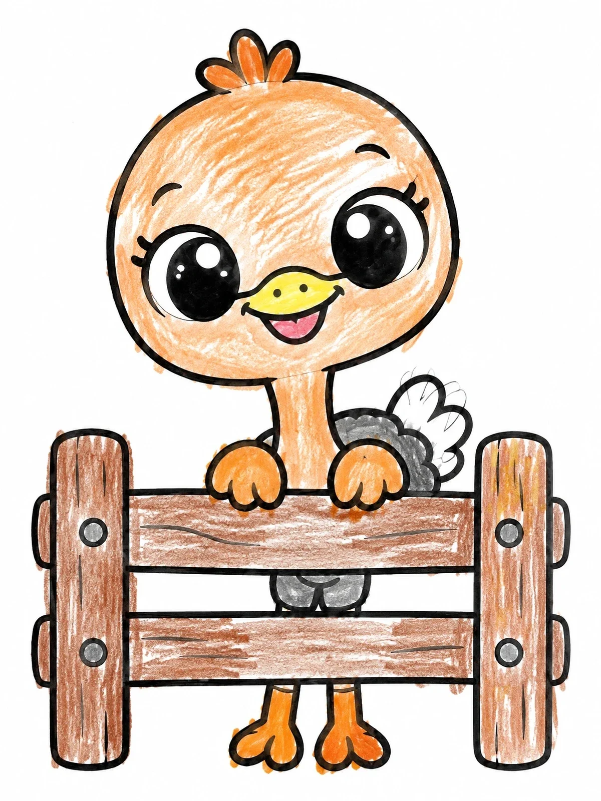 Colored example of the Cute Baby Ostrich Behind Wooden Fence coloring page