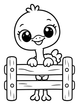 Free printable Cute Baby Ostrich Behind Wooden Fence coloring page