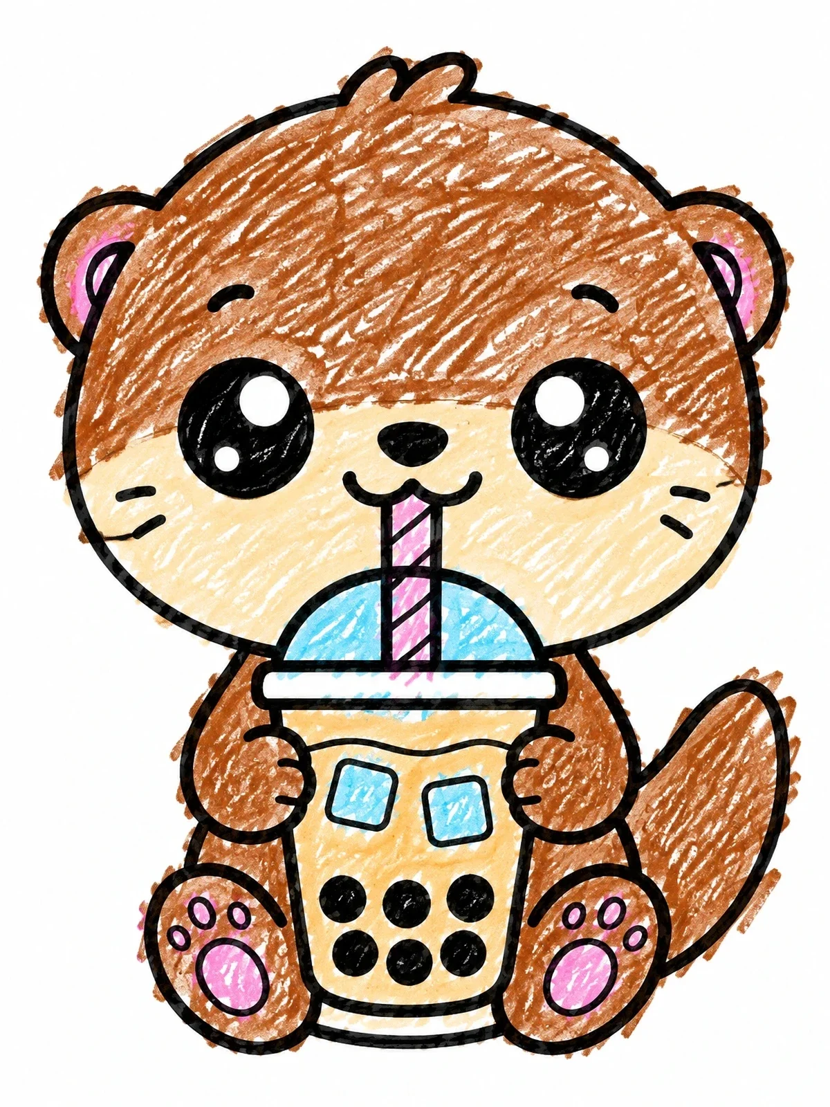 Colored example of the Cute Baby Otter Drinking Boba coloring page