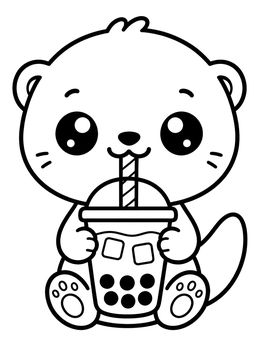 Free printable Cute Baby Otter Drinking Boba coloring page