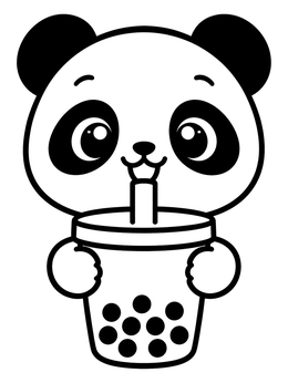 A cute baby panda drinking boba tea on a simple panda coloring page.
