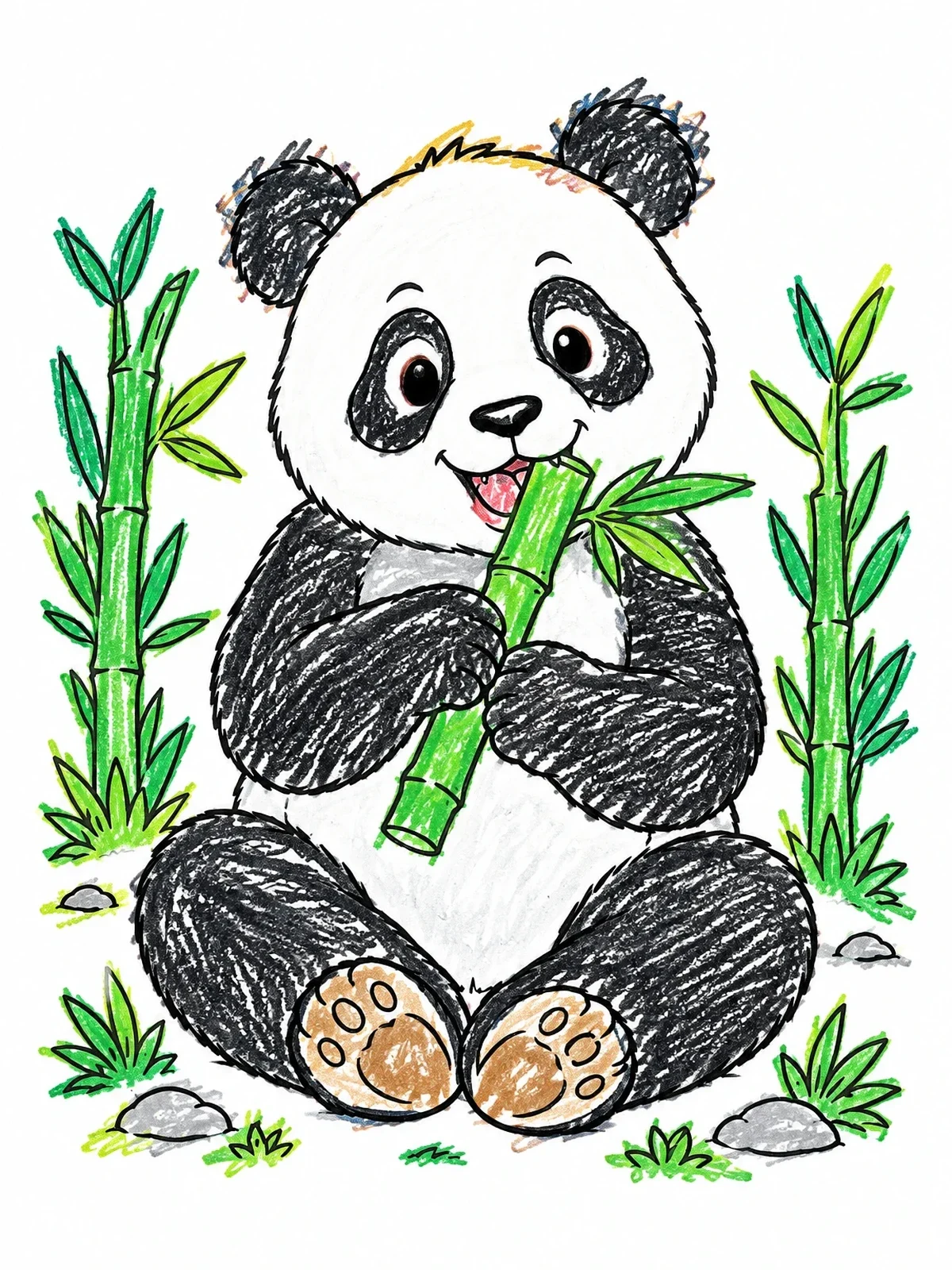 Colored example of the Cute Baby Panda Eating Bamboo coloring page