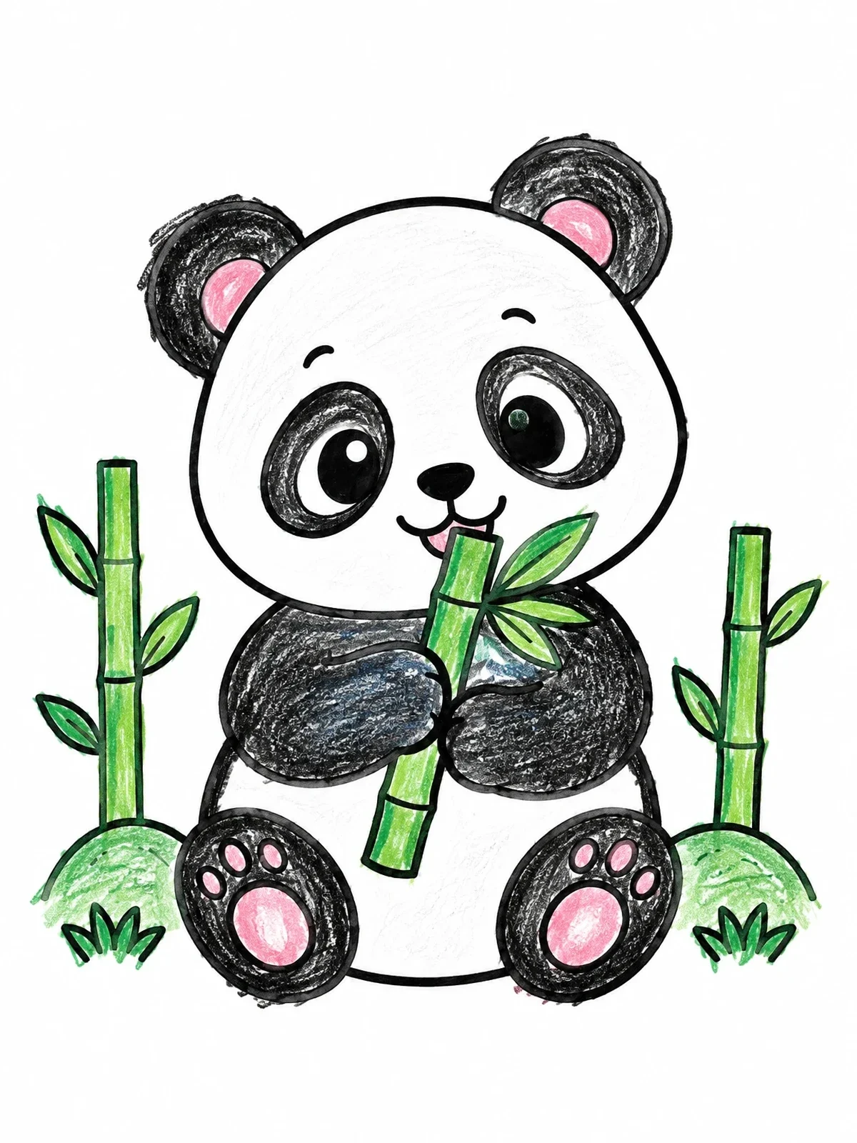 Colored example of the Cute Baby Panda Eating Bamboo coloring page