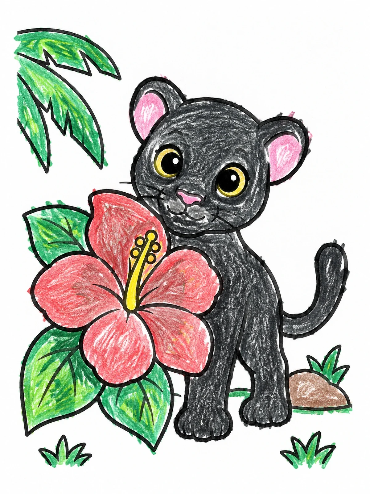 Colored example of the Cute Baby Panther With Hibiscus Flower coloring page