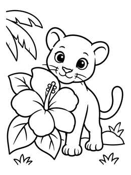 Free printable Cute Baby Panther With Hibiscus Flower coloring page