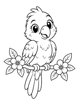 A cheerful baby parrot coloring page perched on a blossoming tree branch.