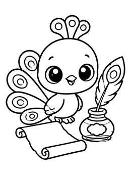 A cute baby peacock coloring page with inkwell and scroll.