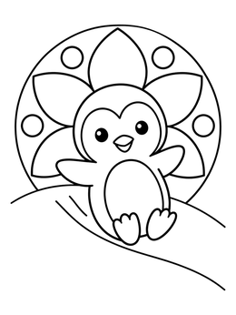 A cheerful baby penguin coloring page sliding down a gentle snow slope.