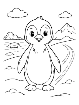A cheerful baby penguin coloring page set against an icy landscape.
