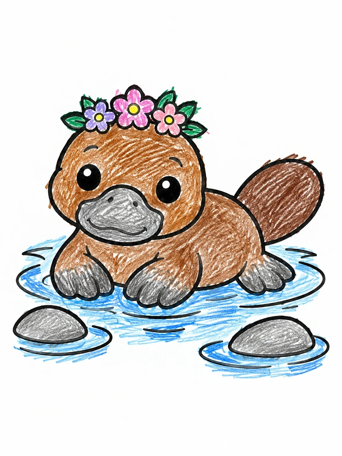 Colored example of the Cute Baby Platypus With Flowers coloring page