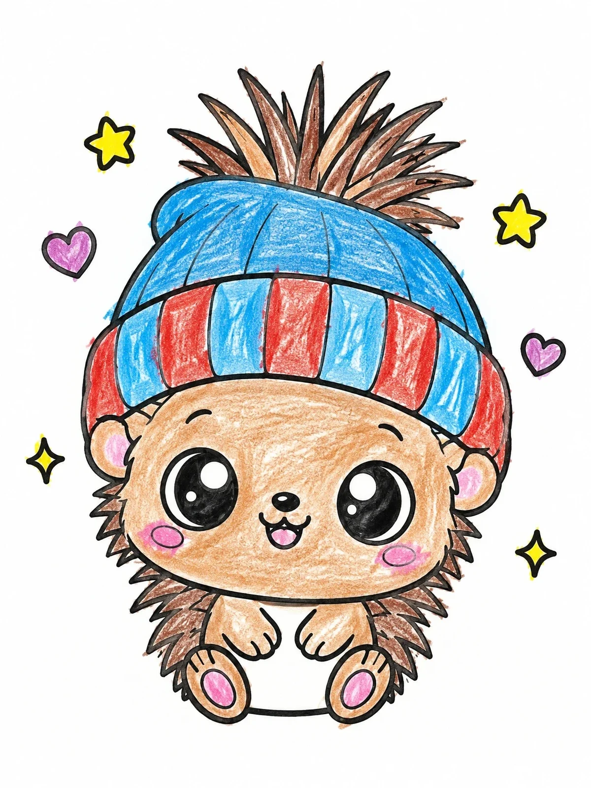 Colored example of the Cute Baby Porcupine In Beanie coloring page