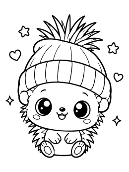 A cheerful baby porcupine coloring page wearing a cozy knit winter beanie surrounded by stars.